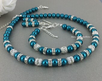 Teal Jewelry Teal Necklace Teal Bracelet Pearl Jewelry Set Bridal Gift Bridesmaid Jewelry Bridesmaid Necklace Teal Wedding