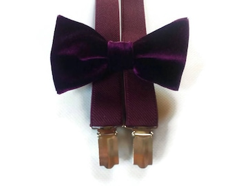 PLUM wedding velvet bow tie burgundy suspenders set/for groomsmen/for groom/for ring bearer/plum bow tie and suspenders/for toddler/infant