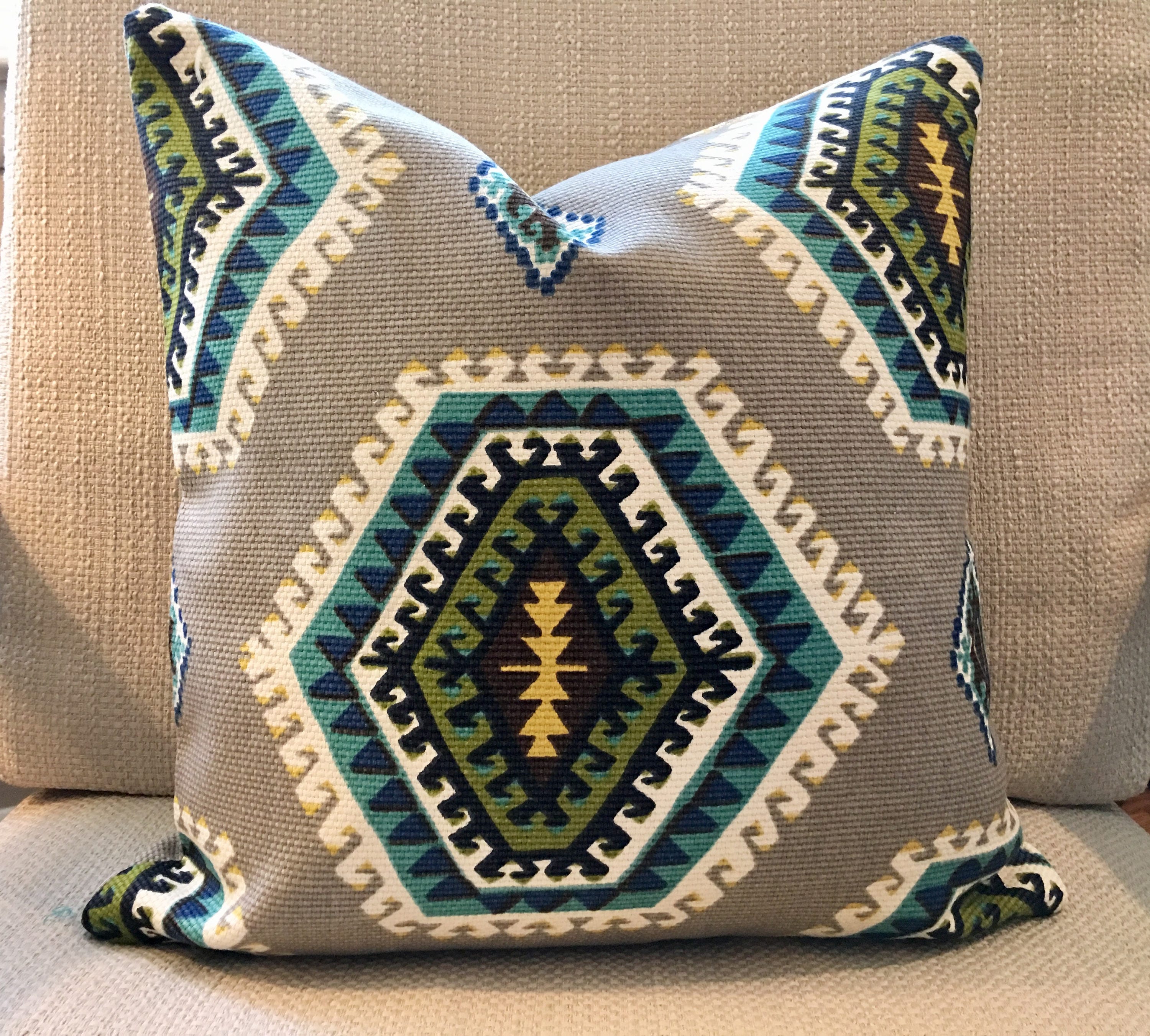 Southwest Medallion Pillow Covers / Teal Grey and Black