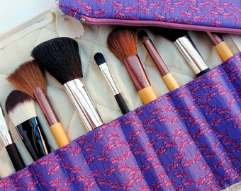 Makeup brush holder and bag set, travel makeup brush holder, purple brush organiser, purple makeup bag, gift for friend, purple gift