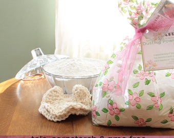 Body Powder Gift Set- 8oz. organic body powder PICK YOUR SCENT, covered pressed glass powder dish, handmade powder puff. Shower gifts