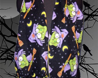 Halloween Fleece Scarf, Holiday Muffler, Holiday Bufanda, Silly Witch