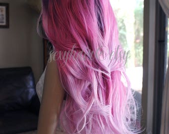 READY TO SHIP Ombre Front Lace Wig, Purple, Hot Pink, Pink Wig, Unicorn, Fairy Wig, Cosplay, Rave, Pastel Goth, Thick Wig, Mermaid Hair