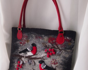 Felted women bag handbag-Bullfinches-Felted wool purse-Felted purse-Art handbag-Natural Leather-Felt bag-Red,Black