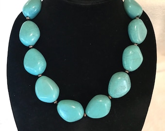 Huge Faux Turquoise Sterling Silver Statement Necklace