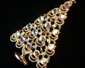 Vintage Clear Aurora Borealis Crystal and Gold Tone Christmas Tree Brooch