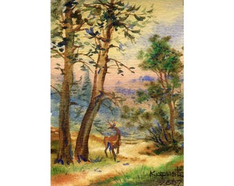 Landscape ACEO painting, watercolour painting, mountains, landscape forest, nature painting, original watercolour, miniature art, vertical