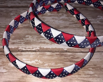 Red White Patriotic Woven Headband, 1/2" Grosgrain Ribbon Woven Headband, USA Headband, Add Rhinestones if you want