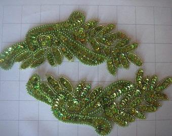 7.5" by 3.25" Lime Green Pair of Beaded and Sequins Applique
