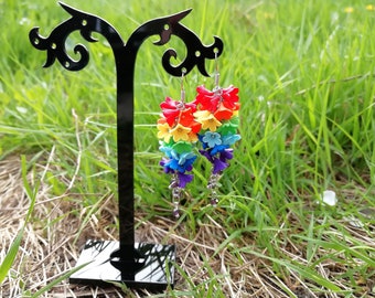 Rainbow pride earrings Rainbow flower jewelry Colorful jewelry Bright jewelry Long flower earrings Multicolor earrings gift for daughter