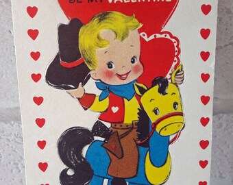 1957 Used Valentine's Greetings Card Boy Riding On A Horse (B15)