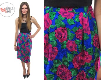 80s Silk Floral High-Waist Pencil Skirt ΔΔ Vintage Abstract Rose Print Skirt ΔΔ sm / md