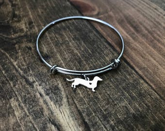 Dachshund Bangle Bracelet - Charm Bracelet - Dachshund Bracelet - Initial Charm - Dachshund Charm - Pet Lovers Jewelry - Dachshund Mom