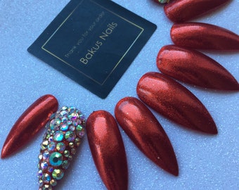 Hand Painted Press On Nails False Nails stiletto shape Red Glitter Chrome And Diamonds