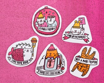 Feminist Cat Stickers - Feminist Sticker Pack - 5 Handcut Stickers