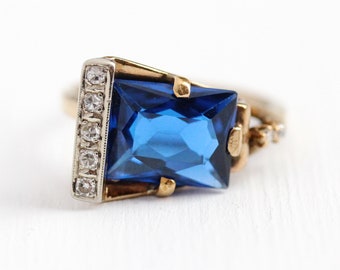 Vintage Buckle Ring - 10k Rosy Yellow Gold Created Blue Spinel & Genuine Diamond Statement - Size 4 3/4 Dark Blue Stone Unique Fine Jewelry