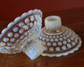 Anchor Hocking Opalescent Moonstone Hobnail Candlestick Holders