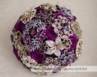 Brooch bouquet. Purple and Gold wedding brooch bouquet, Jeweled Bouquet.
