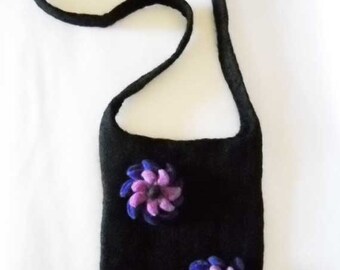 Black Felted Wool Shoulder Bag With Purple Flowers