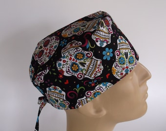 Sugar Skulls Black Men's Surgical Scrub Hat with sweatband option - Scrub Cap, Bakers Hat, 1+900