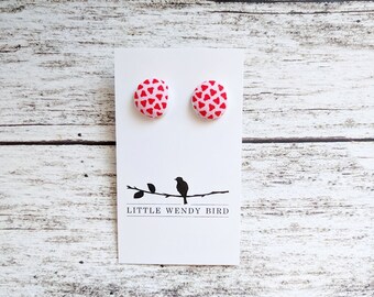 Pink and Red Heart Fabric Covered Button Stud Earrings