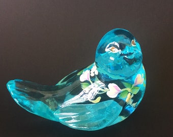 Fenton Hand Painted Glass Blue Bird~Teal~Pink Rosebuds~Bluebird~Figurine~Paperweight~Signed J. Cunnimgham
