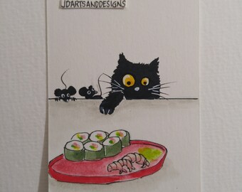 ORIGINAL #106 art painting black cat mouse sushi shrimp wasabi watercolor funny whimsical Aceo miniature freeship