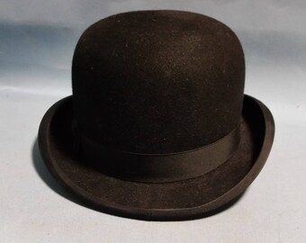 Vintage Derby Bowler Hat, Fur Felt, Satin 7 Leather Band, Size 6 3/4