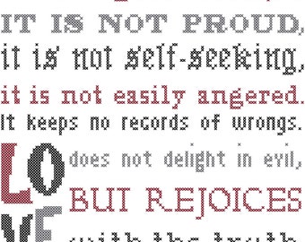 Cross Stitch Pattern Modern Love is Patient Love is Kind Typeset Bible Verse 1st Corinthians 13:4, Modern Bible Verse Cross Stitch Pattern