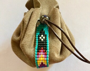 Leather and beads, small leather bag purse
