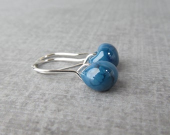 Steel Blue Drop Earrings Silver, Blue Earrings, Small Dangles Blue Glass, Sterling Silver Earrings, Lampwork Earrings Blue Glass Drop Silver