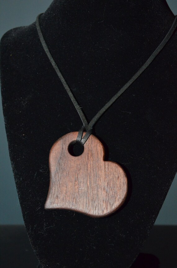 Items similar to Walnut Heart with Black Deerskin Leather Necklace