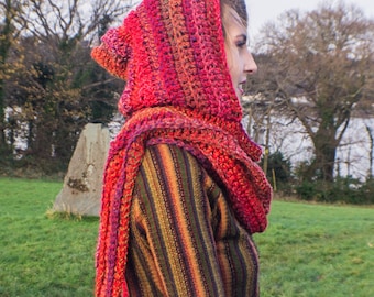 Red tones pixie hooded scarf