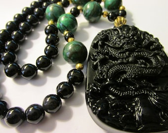 Black Obsidian Mythical Dragon Pendant with Green Malachite and Black Agate Bead Necklace, 22"