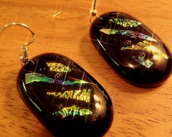 Fused dichroic and black glass earrings.