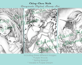 Hello Natural Set 2 - Greyscale PRINTABLE Instant Download Digital Stamp / Hummingbird Cat Fairy Girl Art by Ching-Chou Kuik