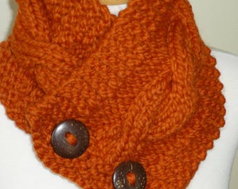 Knit Neck Warmer, Cable Knit Scarf, Chunky Warm Winter Scarf in Pumpkin 6" x 25" - Coconut Shell Buttons Ready to Ship - Gift for Her