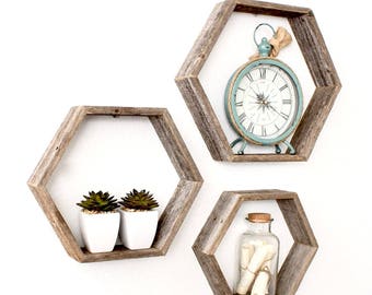 Rustic Hexagon Wood Shelves (Set of 3) | Honeycomb Shelves| Geometric Shelves| Wood Shelf- 100 Percent Reclaimed Wood, Weathered Gray