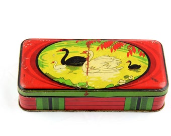 Vintage colorful tin box (ca. 1930s) with swans decorative tin box