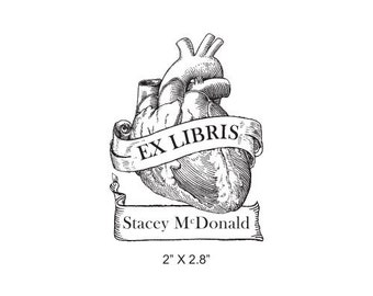 Anatomical Heart Antique Banner Ex Libris Bookplate Rubber Stamp K11