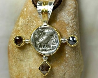 Athena Owl Necklace, Ancient coin and Rose cut diamond Pendant, silver, 22 kt gold and diamond necklace, Ancient coin jewelry