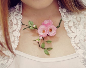 sakura necklace, cherry blossom necklace , flowers necklace, bronze, polymer clay, handmade jewelry