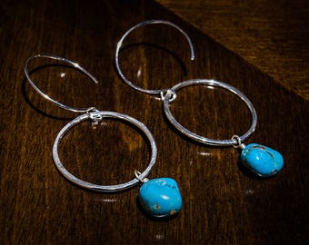 Sterling Silver Circle Drop Earrings | Genuine Turquoise