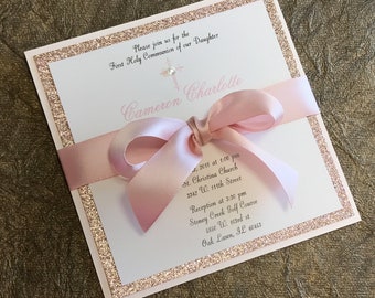 Baptism Invitation Girl Baptism Invitation Rose Gold and Blush Glitter Invitation