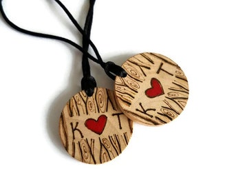 custom couples necklaces, matching necklaces, couples gift set, his and hers gift, cute couples gift, custom wood necklaces, gift for him