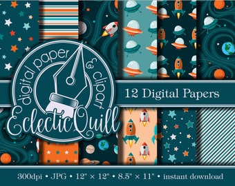 Outer Space Digital Paper | Rocket Ship Scrapbook Paper | Aliens, Astronauts and Planets | Boys Digital Paper | 8.5" x 11" and 12" x 12"