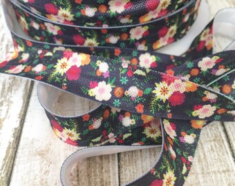 5/8" Dark Navy Floral Print FOE // Fold Over Elastic // 5 Yards - Elastic by the yard