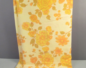 Vintage queen flat sheet, yellow and orange flowers, vintage sheet fabric, floral sheets, floral bedding, mid century modern queen sheet