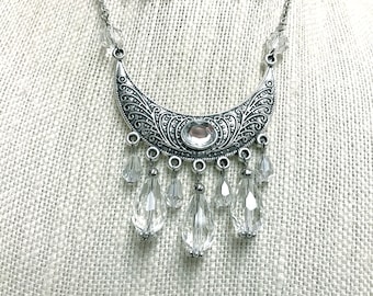 Silver and Crystal Pendant Necklace and Chandelier Earrings Boho Chic Bohemian Hippie Style Jewelry