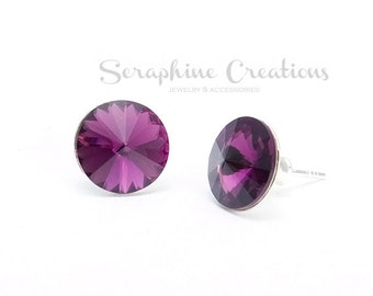 Amethyst Purple Earrings Swarovski Rivoli Stud Earrings Sparkly Crystal Bridal Bridesmaid Gift Bridal Bridesmaid Jewelry Dark Purple K010